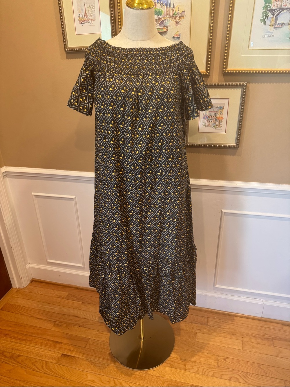 NWT XXS HILL HOUSE — Smocked Off-Shoulder Geometric Midi Dress - Black & Yellow